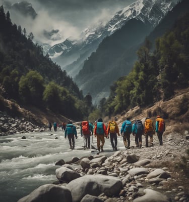 Group of people Trekking in Himalayas
