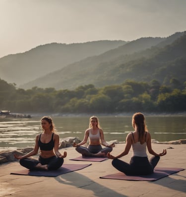 ladies doing yoga next to river ganga in Rishikesh