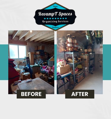 Cluttered basement - Decluttered basement / RevampT Spaces Organizing Services Cincinnati Ohio