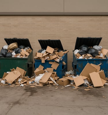 Various dumpsters that are extremely full of trash and boxes that are behind a business.