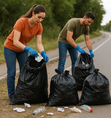 Employees of Guaranteed Junk Removal who are cleaning up trash and junk by placing it into black tra