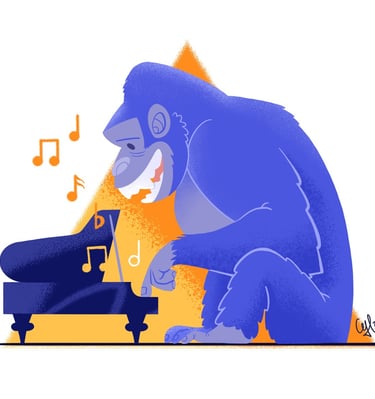 Ilustração de um gorila a tocar piano.