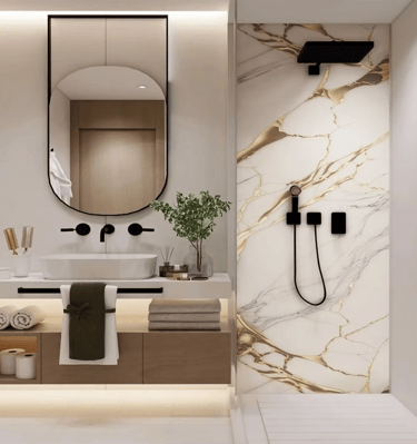 Elegant Calacatta-style marble panel with soft white background and refined gray veining.
