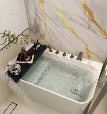 Luxury modern bathtub with gold-veined marble walls, filled water, and a black bath caddy tray.