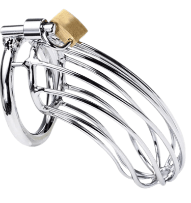 a metal wire male chastity cage with a pad lock