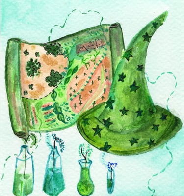a painting of a witch's hat , green , trasure map , magic watercolour painting 