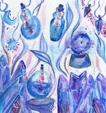 a painting of a blue bottle of magic , crystals, blue watercolour painting 