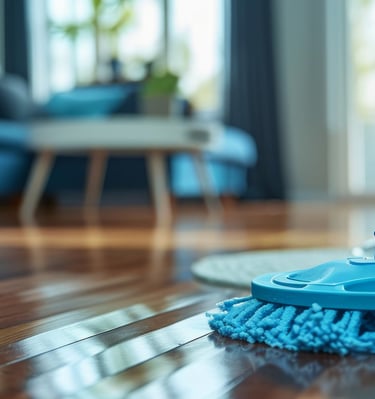 Two mop sticks standing on a clean wooden floor
