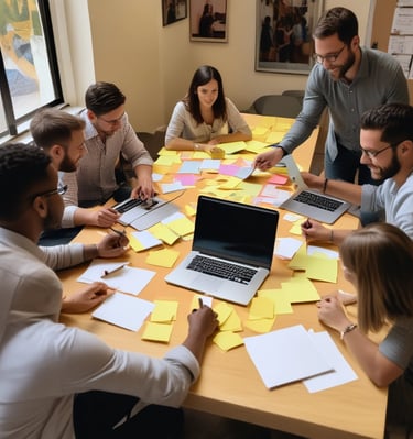 A team brainstorming session with sticky notes and laptops, capturing the energy behind tessami’s consulting.