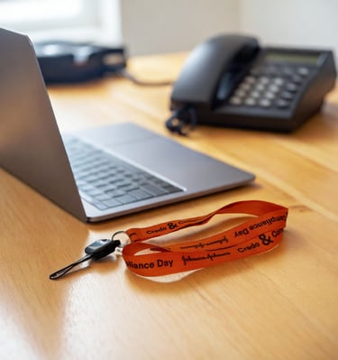 una computadora portátil y una cinta lanyards presentando el merchandisng de un cliente
