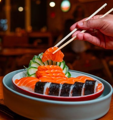 a person holding chopsticks in their hand and chopsticks in their hand