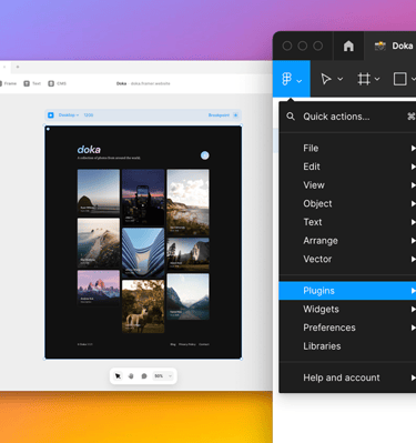 Imagem que mostra um desktop com uma imagem do plugin do Figma para o Framer