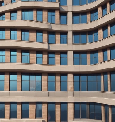 A modern building with a unique architectural design featuring a pattern of geometric brown panels and large windows. Several levels have small balconies. Two workers are suspended by ropes, performing maintenance or cleaning.