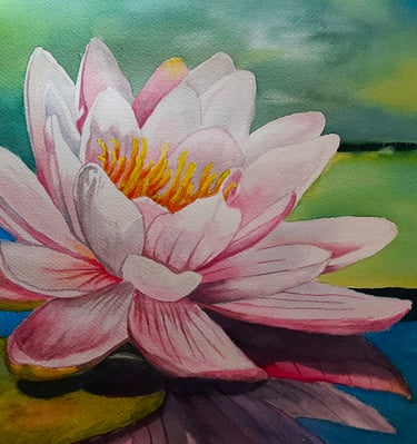 watercolor painting of a pink lotus flower and lotus pads floating in a pond