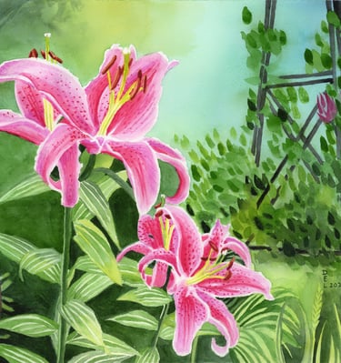 watercolor painting of pink oriental lilies growing in the garden.