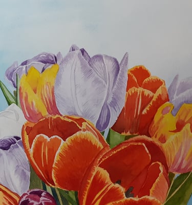 watercolor painting of a tulip bouquet