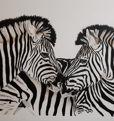 a watercolor painting of two zebras kissing 