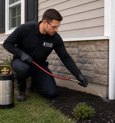 Professional pest control technician spraying insecticide around a residential home foundation.