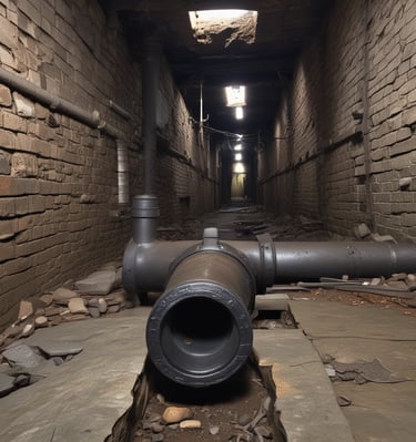 A yellow metal pipe runs horizontally along a red brick wall with a 90-degree elbow joint, showing signs of age and wear.