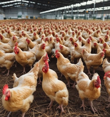 Several brown chickens with red combs peek from their cages in a poultry farm. They are closely packed within the wooden and metal enclosure. The background reveals a long, narrow aisle lined with similar cages on either side, fading into a soft focus.