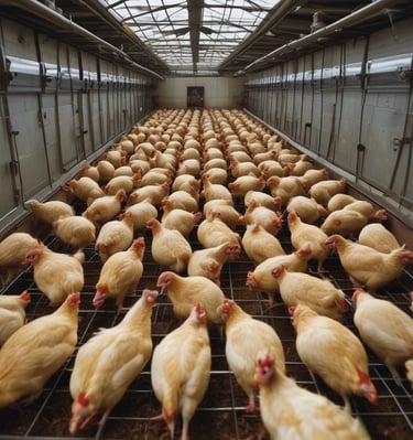 Several white chickens with red combs are standing inside a metal cage in a row. They are positioned side by side, showing limited space. The background includes a wooden structure of a typical poultry farm setup.