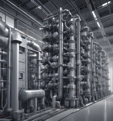 a large industrial steel pipes and pipes in a large industrial building