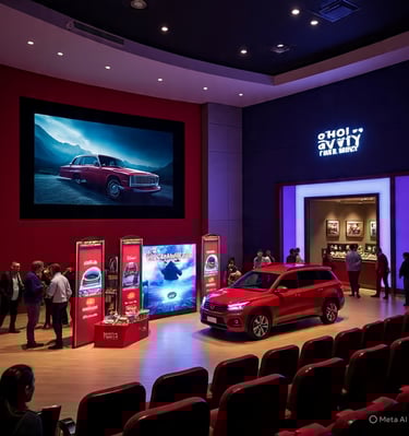a red car is parked in a showroom