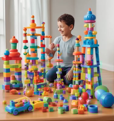 A densely packed display of assorted colorful toys hanging and stacked in a store. The items include various types of balls, rackets, action figures, dolls, and other children's playthings in vibrant packaging.