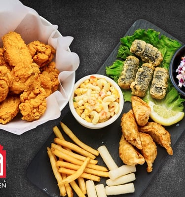 Fried chicken with Sides, French fries, Corn and Mac, coslaw, Mandoo