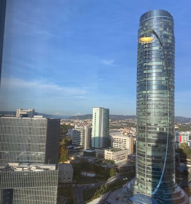 a tall building with a large glass window