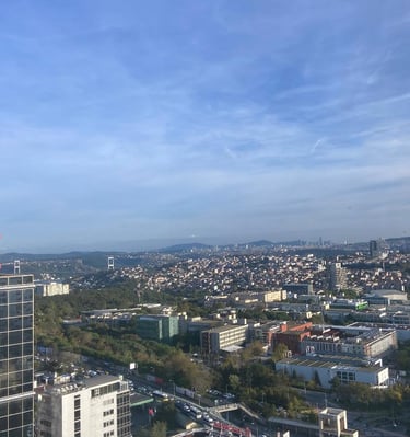 a city skyline view of a city with a clock tower