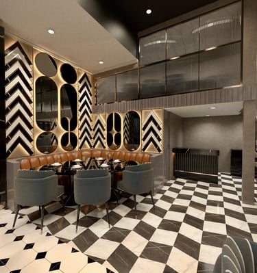 3D-rendered luxury restaurant interior with black-and-gold decor, curved seating –by SketchyCAD.