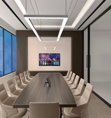 3D-rendered conference room with wooden table, beige chairs, LED lighting,––by SketchyCAD.