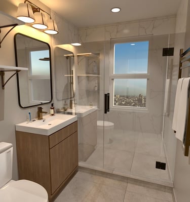 3D-rendered bathroom with wooden vanity, modern lighting, –by SketchyCAD.