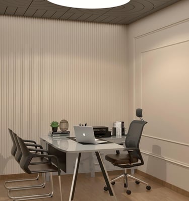 3D-rendered modern office with glass desk, ergonomic chair, and ambient lighting–by SketchyCAD.