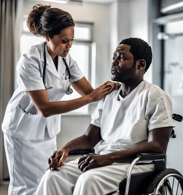 A healthcare professional wearing a white coat and gloves is attending to a man who is seated in a recliner chair. An intravenous drip is visible, indicating that the man might be receiving a medical treatment. The man is wearing a colorful tie-dye t-shirt featuring a graphic and a cap. The setting appears to be a clinical environment with minimal decor and medical equipment.