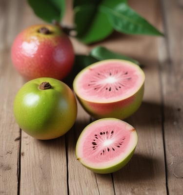 Bright pink guava fruit with green leaves on a clean white background.