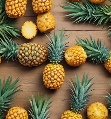 High-resolution image of a ripe pineapple with green leaves on a light neutral background.