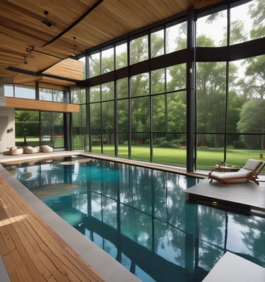 A modern house featuring a pool in the foreground. The house has a sleek design with wooden and glass elements, including a large balcony and floor-to-ceiling windows. The pool area is surrounded by landscaping with plants and a tiered garden on one side. The scene captures both the structure and natural environment.