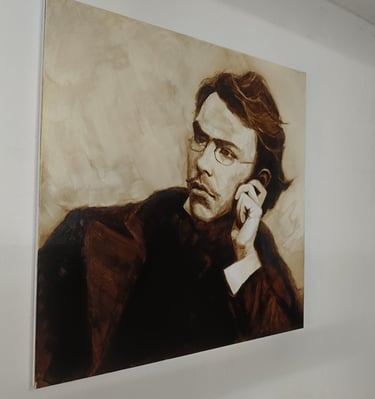 A sepia-toned oil painting of a Mainlander with glasses and a mustache on a white gallery wall.