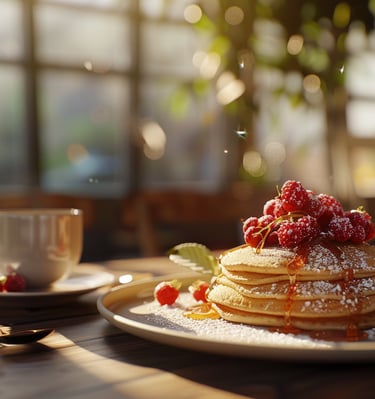 a plate of pancakes with raspberries on top of them