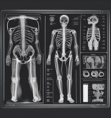 A man with a beard and glasses, wearing a white coat and red sweater, is attentively examining a series of cranial X-ray images displayed on a lightbox. A chalkboard with writing is visible in the background.