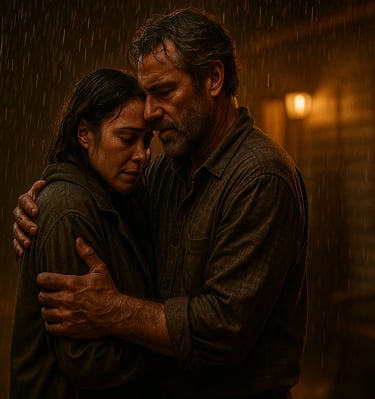 a man and woman embracing in the rain