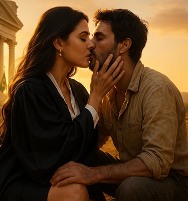 a man and woman kissing in front of a building