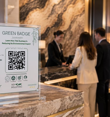 AI-generated photo of a hotel with Nopolluting's Green Badge. demonstration purpose.