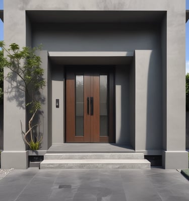 Entrance of a kost building with a welcoming sign in red and yellow tones.