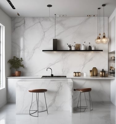 An architectural interior featuring a modern, geometric design with a floating glass and white structure against a wall of gray marble. The ceiling is patterned with a grid of recessed lights and panels, enhancing the clean and contemporary atmosphere.