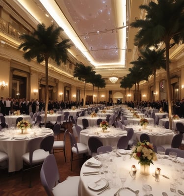 A wide shot of the gala venue showcasing elegant decor and ambiance.