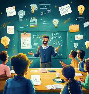 a man in a blue shirt is standing in front of a chalkboard