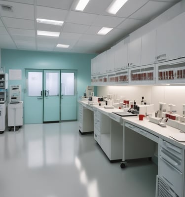 A group of people is gathered inside a dimly lit room with large windows. A medical professional wearing a mask is seated and attending to a child while others, including women and an elderly person, are either seated or standing nearby. The interior has plain walls, and there appears to be a consultation taking place.